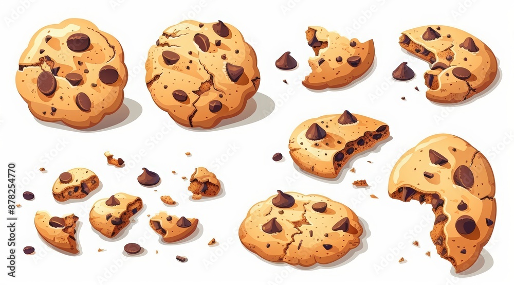 National Chocolate Chip Cookie Day. Set of vector illustrations of cookies with chocolate chips and broken pieces in the cartoon style against a white background National Chocolate Chip Cookie Day. Set of vector illustrations of cookies with chocolate chips and broken pieces in the cartoon style against a white background
