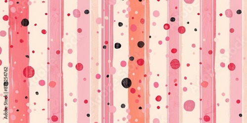 A playful and chic wallpaper featuring alternating stripes of different shades of pink, interspersed with polka dots in coordinating colors.
