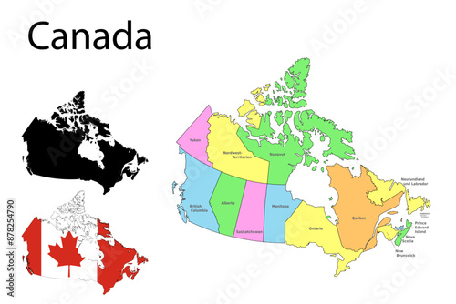 Canada administrative divisions. Canada flag and map illustration vector. Districts of Canada 