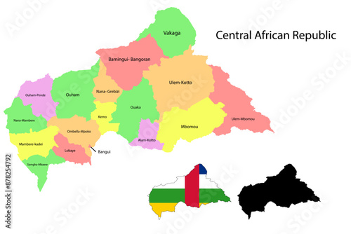 Central African Republic administrative divisions. Central African Republic flag and map illustration vector. Districts of Central African Republic