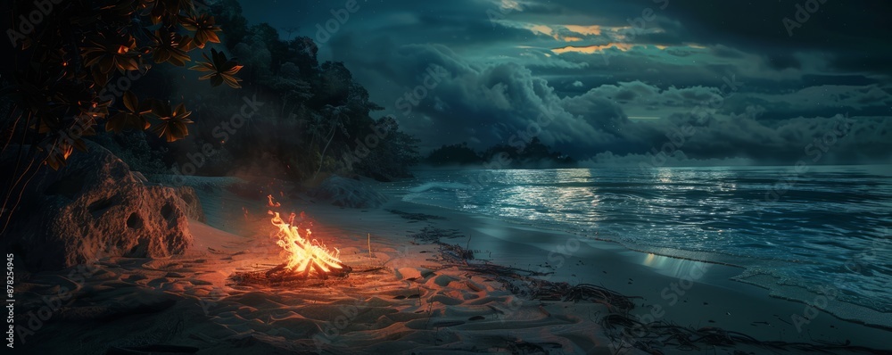 Secluded beach at night with a bonfire illuminating the sand, 4K hyperrealistic photo Secluded beach at night with a bonfire illuminating the sand, 4K hyperrealistic photo