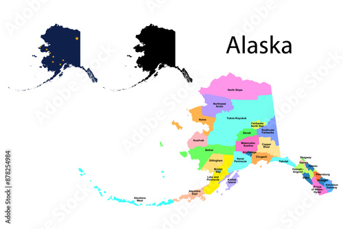 Alaska administrative divisions. Alaska flag and map illustration vector. Districts of Alaska