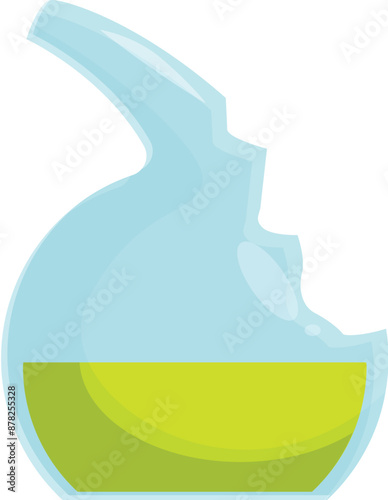 Cartoon style image of a broken chemistry flask containing bright green liquid