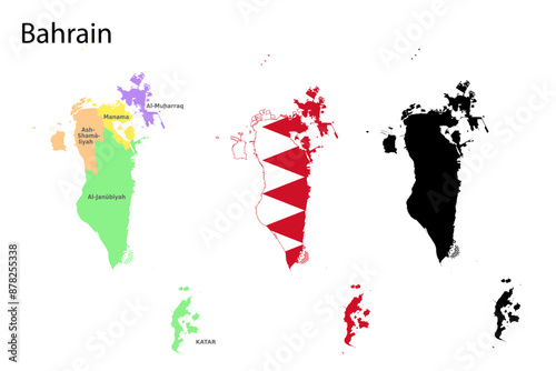Bahrain administrative divisions. Bahrain flag and map illustration vector. Districts of Bahrain