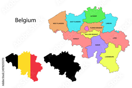 Belgium administrative divisions. Belgium flag and map illustration vector. Districts of Belgium