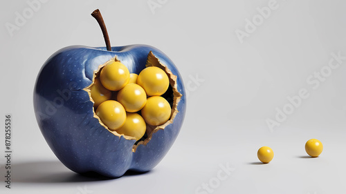 A blue apple with weird yellow balls inside