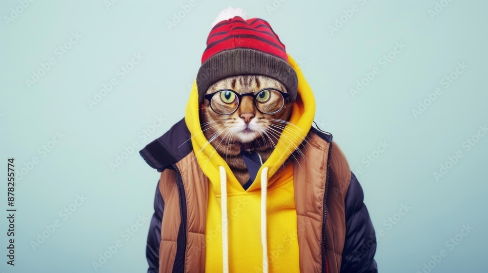 Funny photo of cat dressed up in winter clothing to look more human, in sweatshirt hoodie, beanie and jacket with glasses. Funny photo of cat dressed up in winter clothing to look more human, in sweatshirt hoodie, beanie and jacket with glasses.