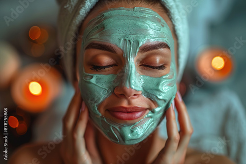 Woman apply face mask on face in spa beauty salon