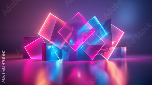 Pink and blue neon lights illuminate geometric shapes