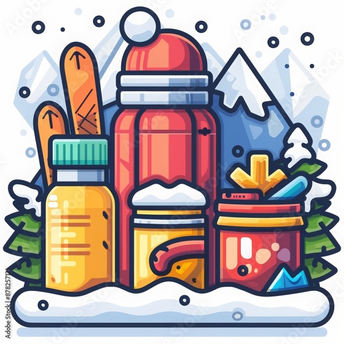 winter scene with red hat, skis, mountains clip art preview