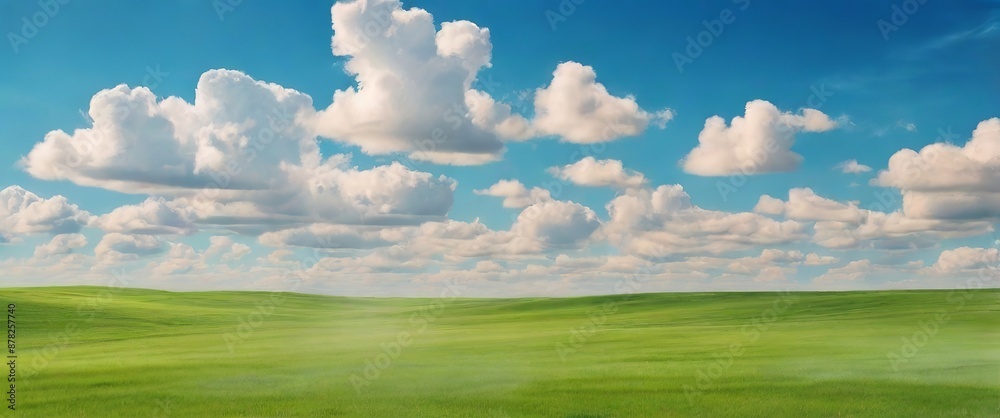 Panoramic landscape with green field, blue sky, clouds, and village houses. Summer Meadow. Made with Generative AI Technology Panoramic landscape with green field, blue sky, clouds, and village houses. Summer Meadow. Made with Generative AI Technology