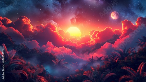 Fantasy backgrounds with vibrant colors and whimsical elements create enchanting scenes ideal for imaginative and magical designs Background Illustration, Bright color tones, , Minimalism,