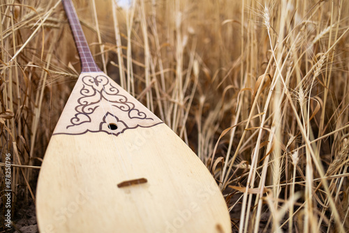 A dombra, the traditional Kazakh musical instrument, rests amidst the golden wheat of the Kazakh steppe. | Казахский национальный музыкальный инструмент домбра. photo