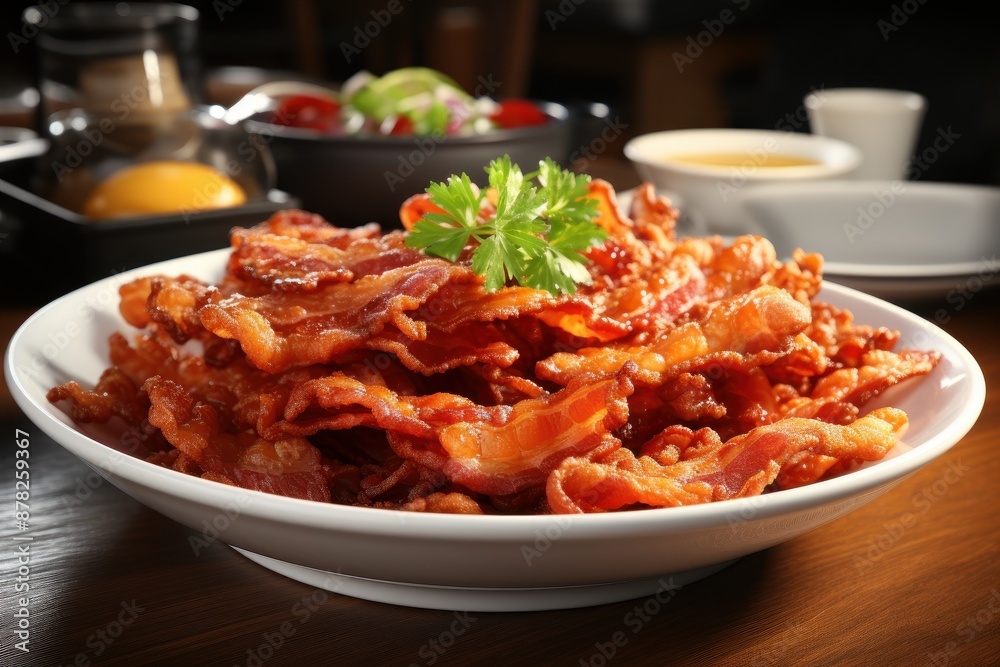 Crispy Bacon Strips on White Plate Crispy Bacon Strips on White Plate
