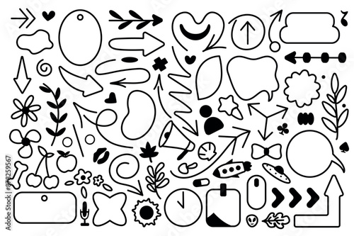 Set of linear stickers in flat cartoon design. Trendy youth design elements in black and white colors depicting arrows, speech bubbles, plants and other objects. Vector illustration.