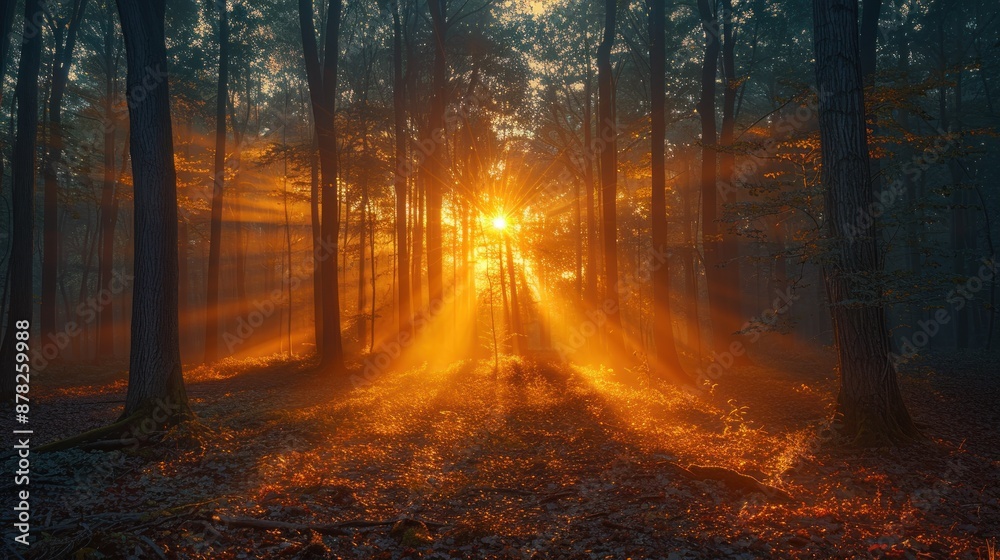 Obraz premium Golden Rays of Dawn in a Mystical Forest