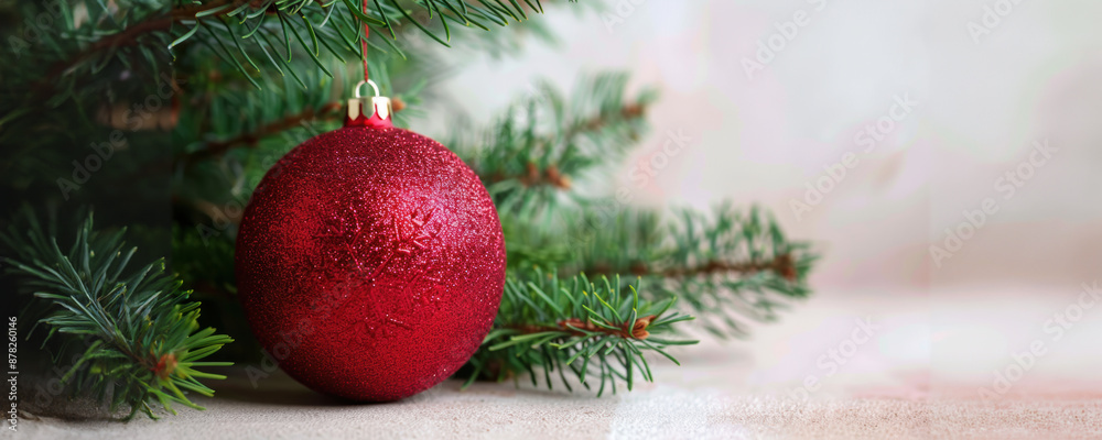A single red christmas ornament hanging from a pine branch A single red christmas ornament hanging from a pine branch