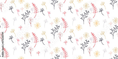 Botanical seamless pattern of abstract wildflowers and plants.