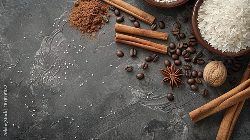 Culinary Spices and Ingredients on Dark Stone Background