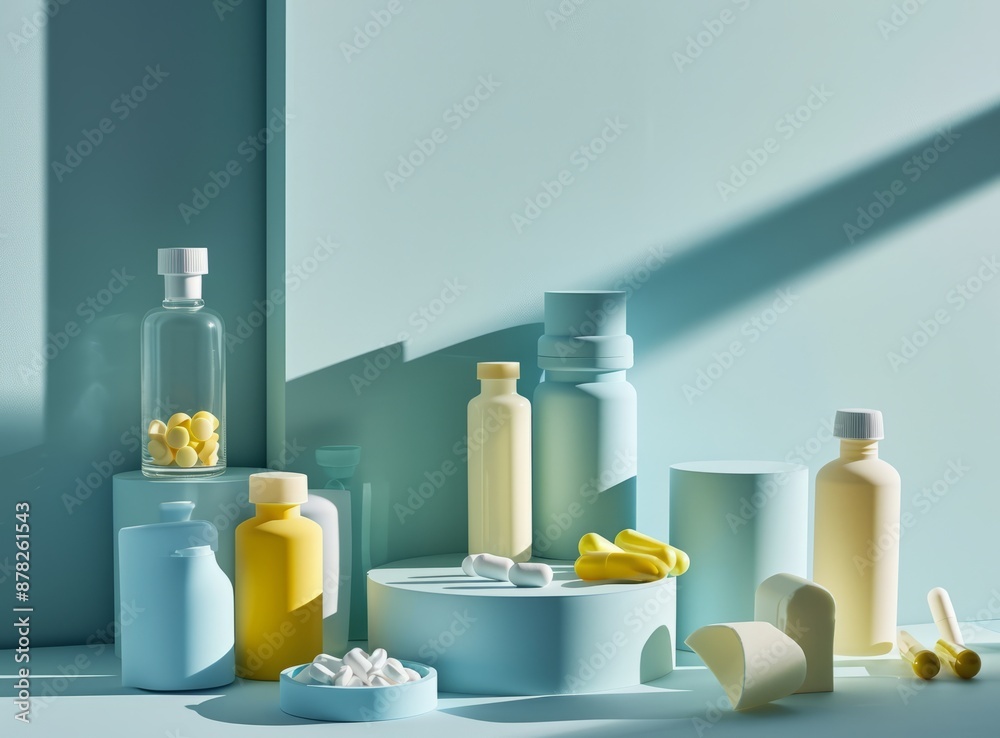 A variety of colorful medication bottles and pills are arranged on a neutral background. A variety of colorful medication bottles and pills are arranged on a neutral background.