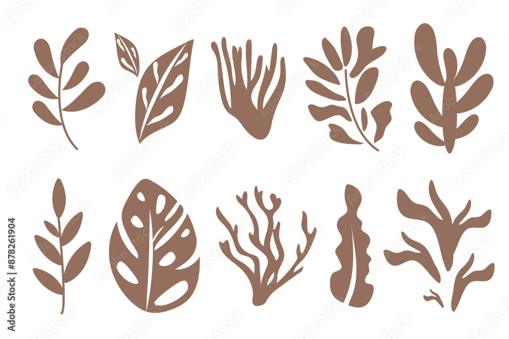 Set of leaf silhouettes in flat cartoon design. This illustration shows a collection of silhouettes of leaves, branches and corals that are done in a simple modern style. Vector illustration. Set of leaf silhouettes in flat cartoon design. This illustration shows a collection of silhouettes of leaves, branches and corals that are done in a simple modern style. Vector illustration.
