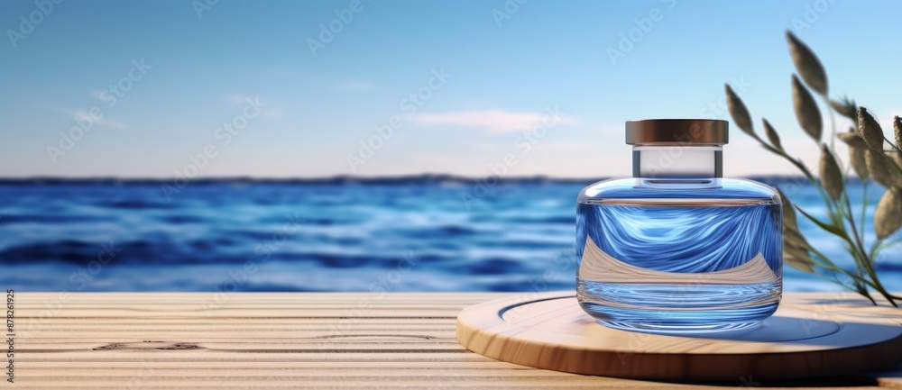 Obraz premium An elegant perfume bottle rests on a weathered wooden table by the serene ocean, evoking a sense of luxury and tranquility.