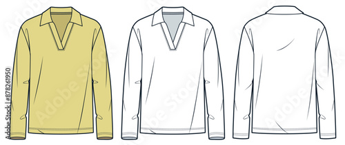 Long Sleeve Polo Shirt technical fashion illustration. V Neck Shirt fashion flat technical drawing template, relaxed fit, front and back view, white, yellow, women, men, unisex Top CAD mockup set.