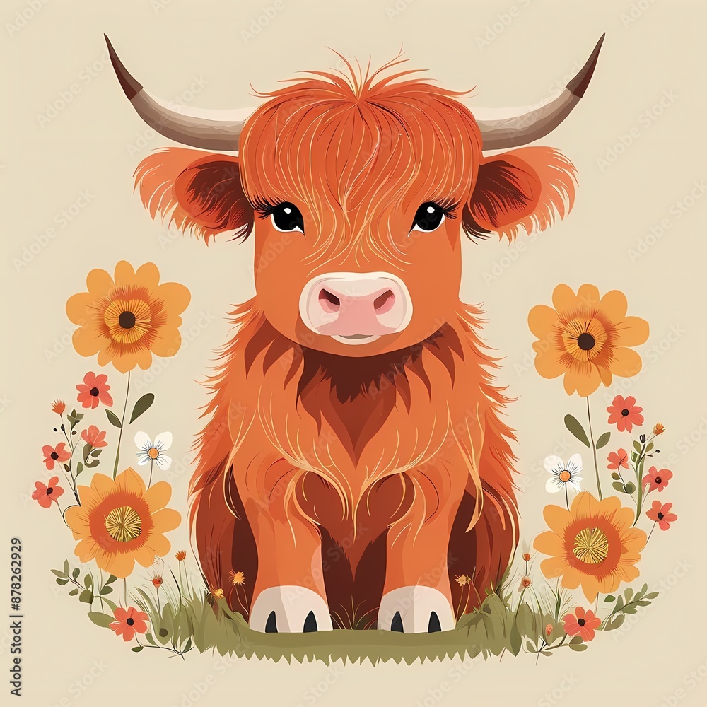 Floral Baby Highland Cow Nursery Generative Ai Illustration Floral Baby Highland Cow Nursery Generative Ai Illustration