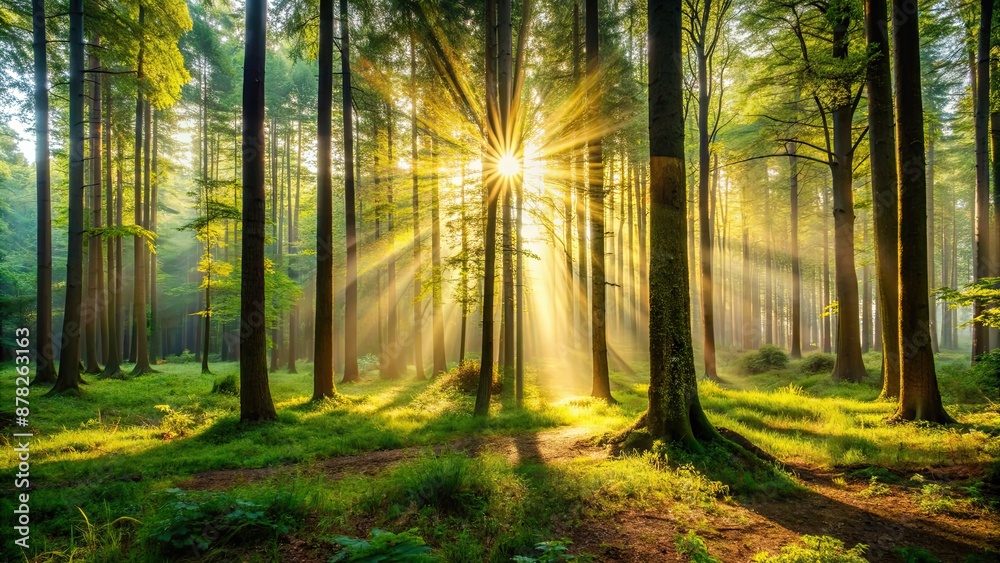 Fototapeta premium Morning light filtering through the trees in a peaceful forest setting, forest, morning, trees, nature, sunlight, serene