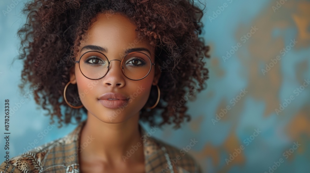 A young mixed-race woman stands confidently against a soft, light blue background, embodying chic and sophistication with her sleek glasses and modern attire. A young mixed-race woman stands confidently against a soft, light blue background, embodying chic and sophistication with her sleek glasses and modern attire.