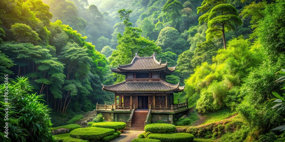 Ancient temple surrounded by vibrant green foliage , lush, greenery, ancient, temple, serene, tranquil, historical Ancient temple surrounded by vibrant green foliage , lush, greenery, ancient, temple, serene, tranquil, historical