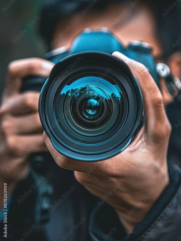 A man is holding a camera with a large lens A man is holding a camera with a large lens