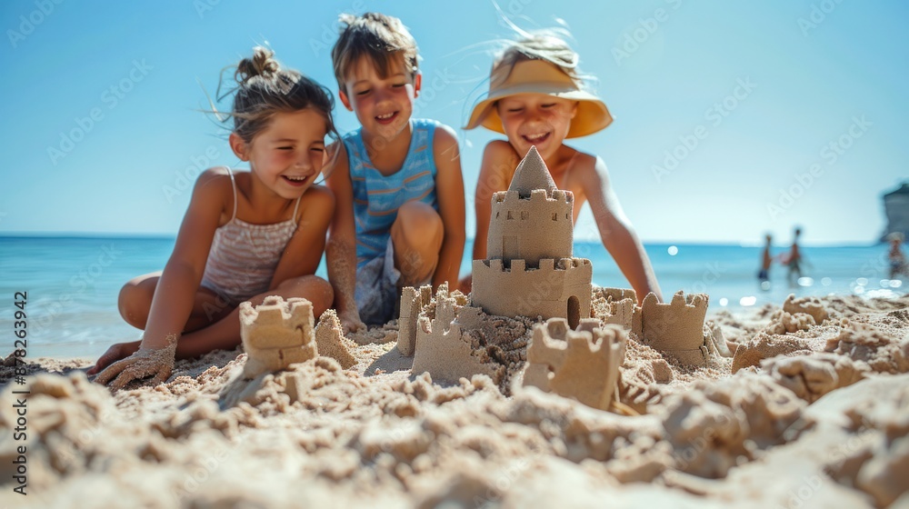 Children building a sandcastle on the beach, working together and enjoying a sunny day by the sea Children building a sandcastle on the beach, working together and enjoying a sunny day by the sea