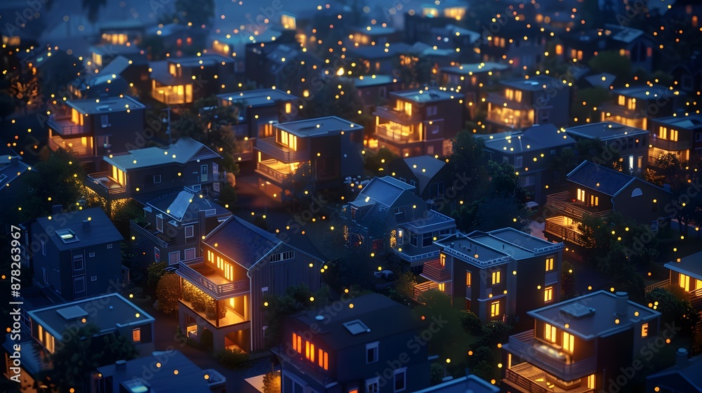 Naklejka premium A constellation of homes alight with the glow of screens, where workers roam the digital landscape from the comfort of their abodes, their footsteps leaving behind trails of reduced emissions and smil