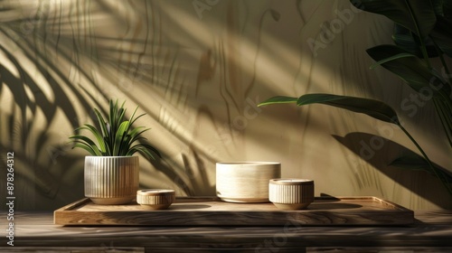 Wooden Bowls and Planter in Natural Light with Leaf Shadows © Juan
