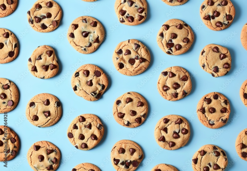 National Chocolate Chip Cookie Day. A pattern of chocolate chip cookies on light blue background, top view. National Chocolate Chip Cookie Day. A pattern of chocolate chip cookies on light blue background, top view.