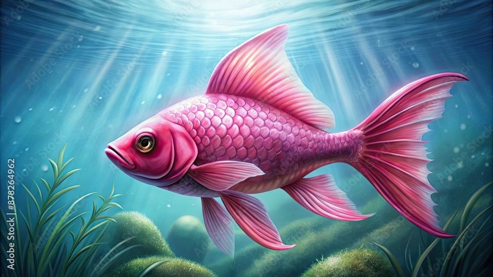 Fototapeta premium A detailed drawing of a pink fish swimming in water, pink, fish, aquatic, marine, underwater, swimming, sea life, colorful, vibrant