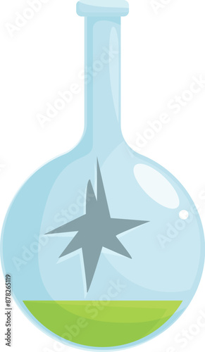 Glass flask with a green liquid is releasing a grey star as a result of a chemical experiment