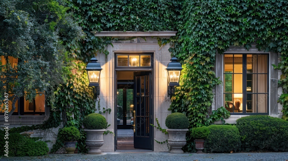 Elegant suburban farmhouse with ivy-covered walls and antique lanterns lighting the entrance Elegant suburban farmhouse with ivy-covered walls and antique lanterns lighting the entrance