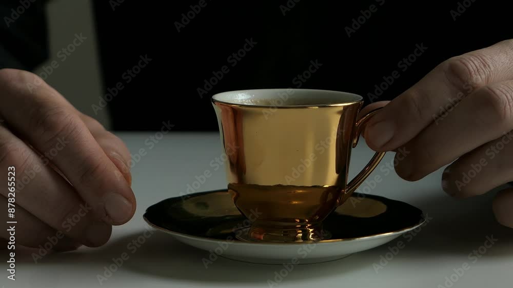 Man drinking premium black coffee from golden cup, luxury coffee moment, close up Man drinking premium black coffee from golden cup, luxury coffee moment, close up