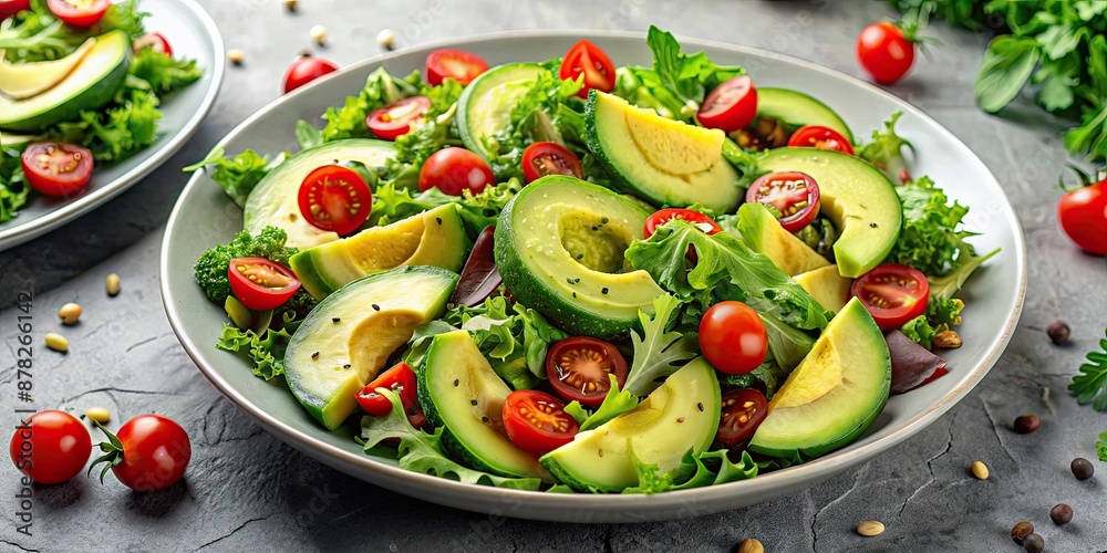 Fresh and vibrant caf? green salad topped with creamy avocado slices and juicy cherry tomatoes, food, salad, healthy Fresh and vibrant caf? green salad topped with creamy avocado slices and juicy cherry tomatoes, food, salad, healthy
