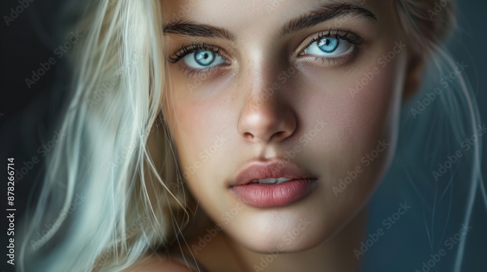 Fototapeta premium an age 20 blonde girl with heavy mascara, beautiful face and shoulders, minimal dark background