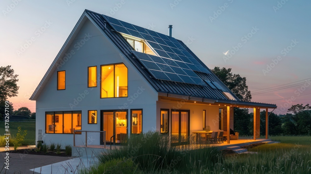 Evening shot of a modern suburban farmhouse with integrated solar panels and a sustainable design Evening shot of a modern suburban farmhouse with integrated solar panels and a sustainable design
