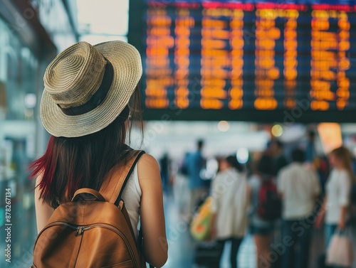 Young woman traveler wearing a hat and backpack looking at the flight information board in a busy airport terminal. Stylish business traveler checking flight details during summer vacation trip 