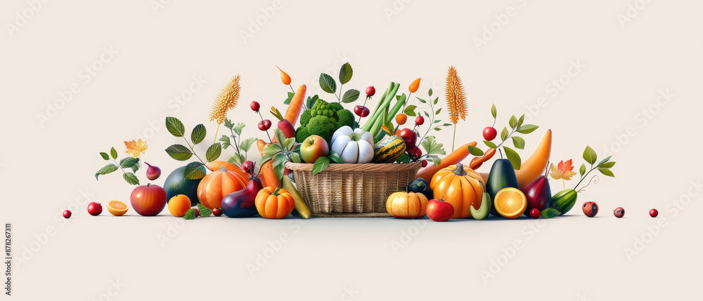 Naklejka premium Flat design harvest bounty with fruit and vegetable baskets.