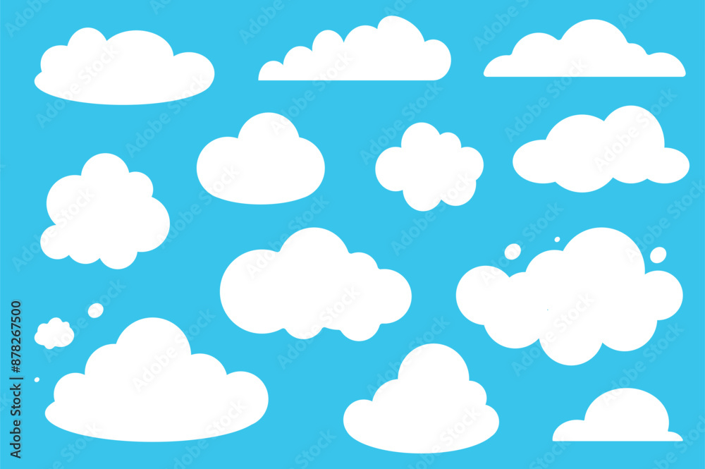 Set of clouds in flat cartoon design. This illustration shows a collection of white fluffy clouds of various sizes and shapes on a beautiful blue background. Vector illustration. Set of clouds in flat cartoon design. This illustration shows a collection of white fluffy clouds of various sizes and shapes on a beautiful blue background. Vector illustration.