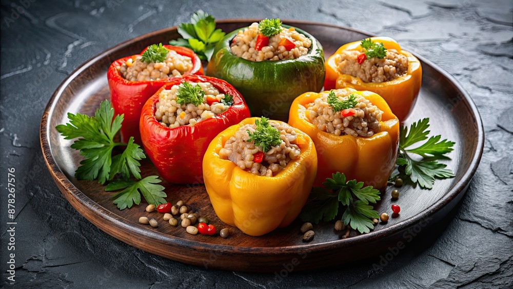 Yantyk on a black slate background, Tatar stuffed peppers filled with rice and meat, Tatar, stuffed peppers, rice, meat Yantyk on a black slate background, Tatar stuffed peppers filled with rice and meat, Tatar, stuffed peppers, rice, meat