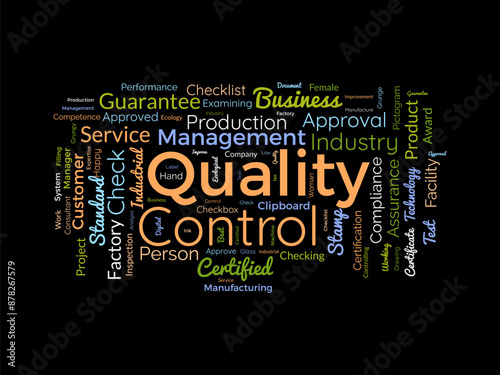 Quality Control wordcloud template. Business concept vector background.