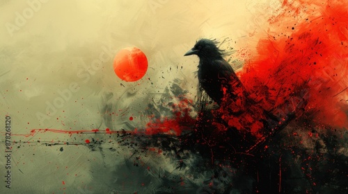 A solitary crow standing on a crimson backdrop with a red orb in the distance