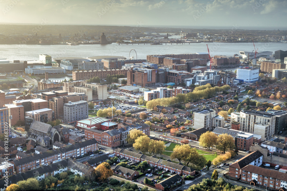 Aerial View of Liverpool Looking Towards the Docks, UK.